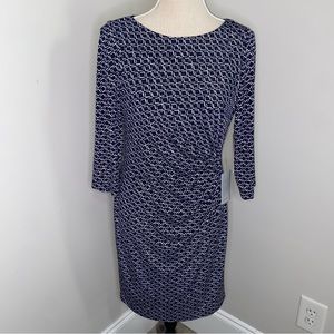 Eliza J NEW side ruched navy blue & white geometric stretch jersey dress size 8